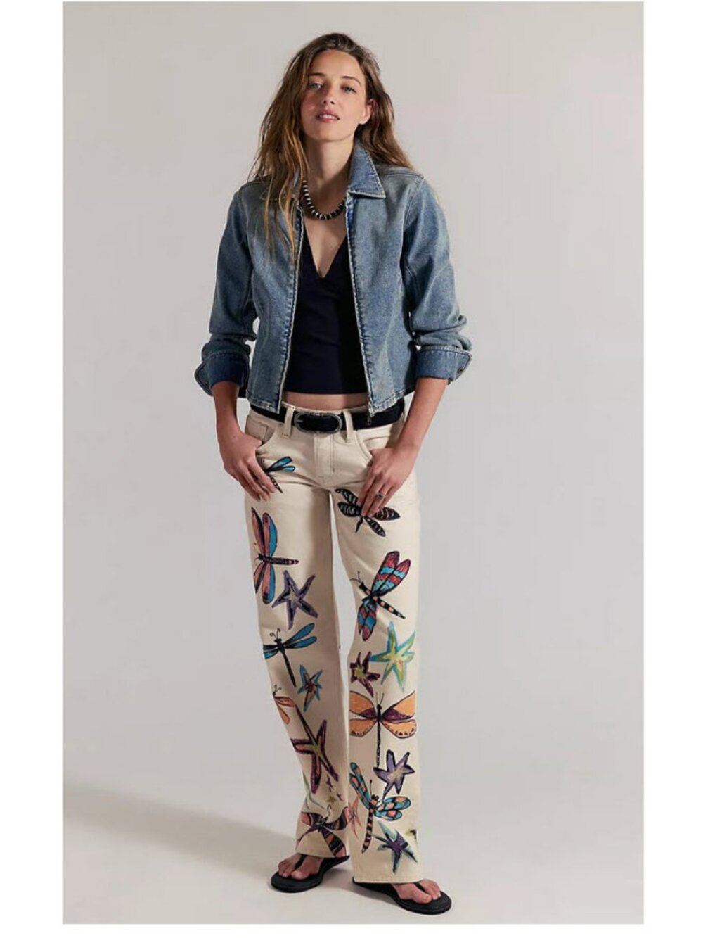 We The Free Cream Jeans with Colorful Dragonfly & Star Motifs Sz 26